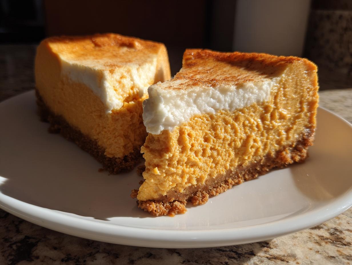 Two thick slices of amazing pumpkin cheesecake with a graham cracker crust and white topping, dusted with cinnamon.
