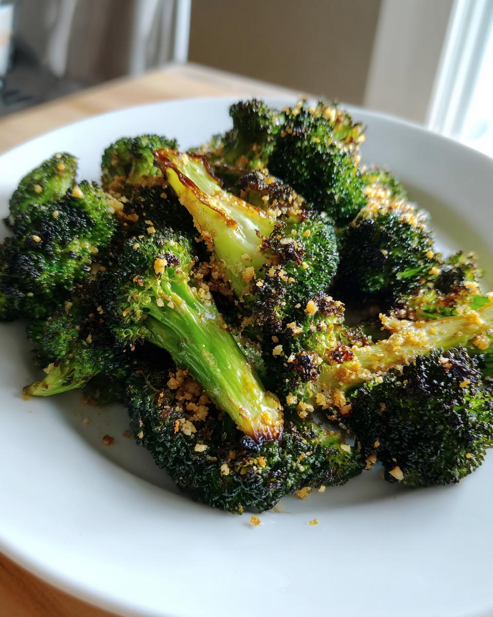 A white plate filled with perfectly charred roasted broccoli florets sprinkled with breadcrumbs.