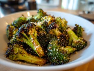 Close-up of perfectly roasted broccoli florets sprinkled with Parmesan cheese served in a white bowl.