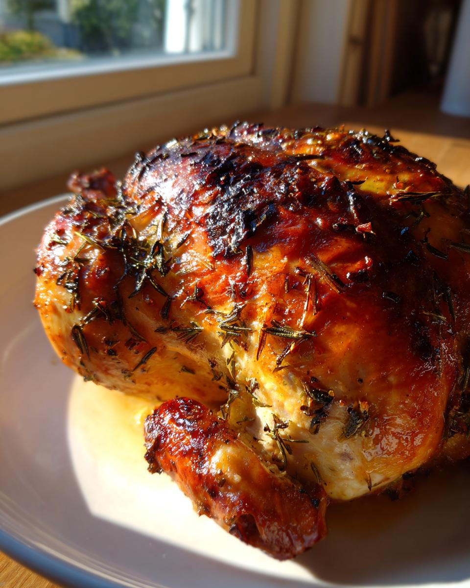 Close-up of a beautifully browned, herb-crusted roasted chicken sitting in its juices on a white plate.