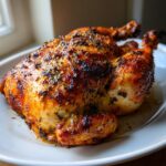 A whole, perfectly cooked roasted chicken with crispy, herb-rubbed skin resting on a white plate.