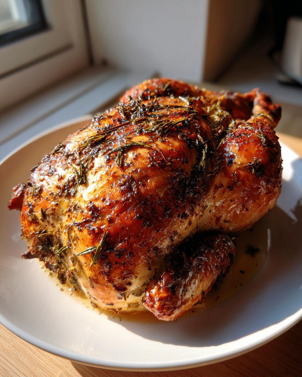 A whole, beautifully browned roasted chicken seasoned with herbs, sitting on a white plate.