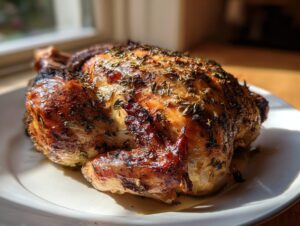 A beautifully browned, whole roasted chicken seasoned with herbs, sitting on a white plate.