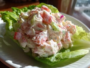 Close-up of creamy seafood salad served in a crisp lettuce cup on a white plate.
