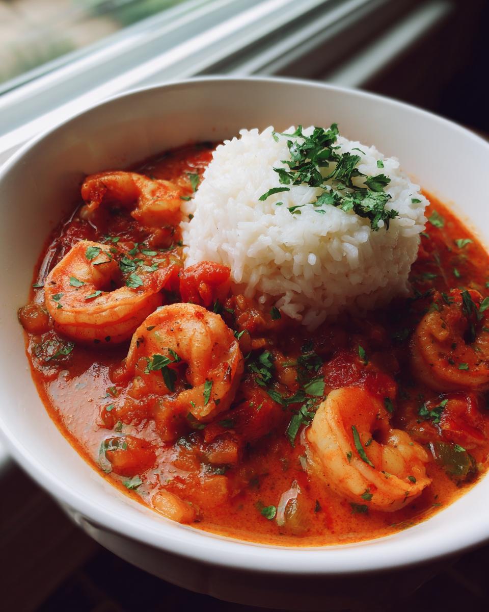 A close-up of a white bowl filled with rich, red Shrimp Creole sauce, large shrimp, and a mound of white rice topped with parsley.