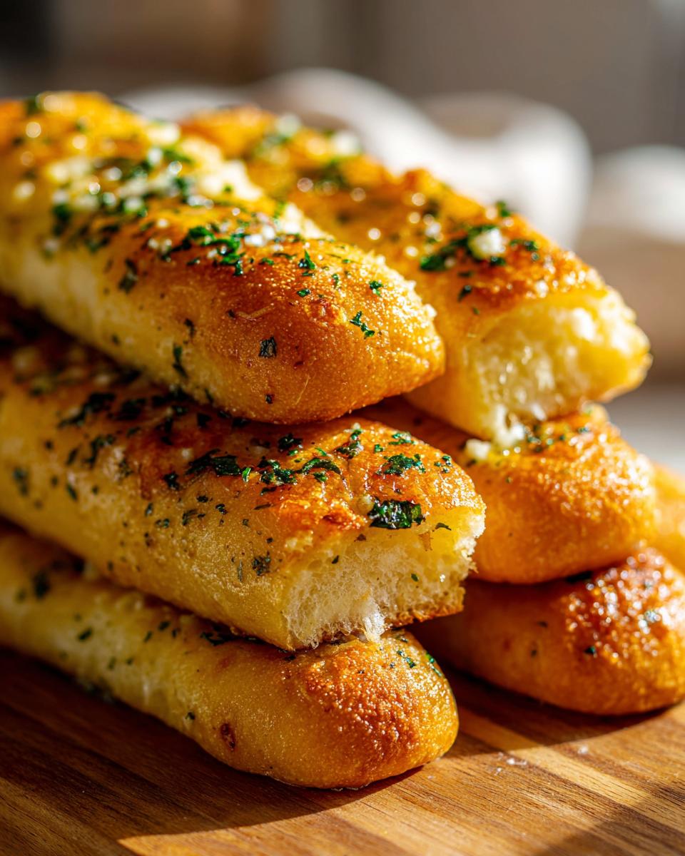 A close-up stack of golden brown, soft breadsticks topped with melted butter, garlic, and fresh parsley.