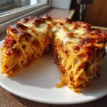 A thick slice of baked spaghetti pie, showing layers of pasta, meat sauce, and browned, melted cheese topping.