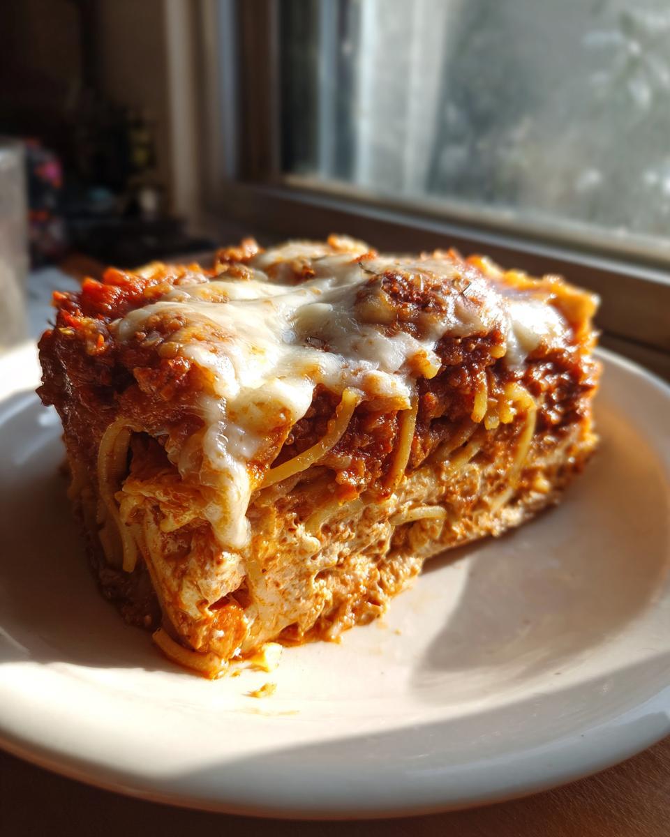 A thick slice of baked spaghetti pie, layered with meat sauce and topped with melted mozzarella cheese.