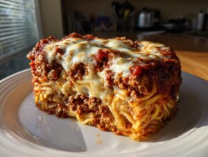 A thick, square slice of baked spaghetti pie layered with meat sauce and melted mozzarella cheese.