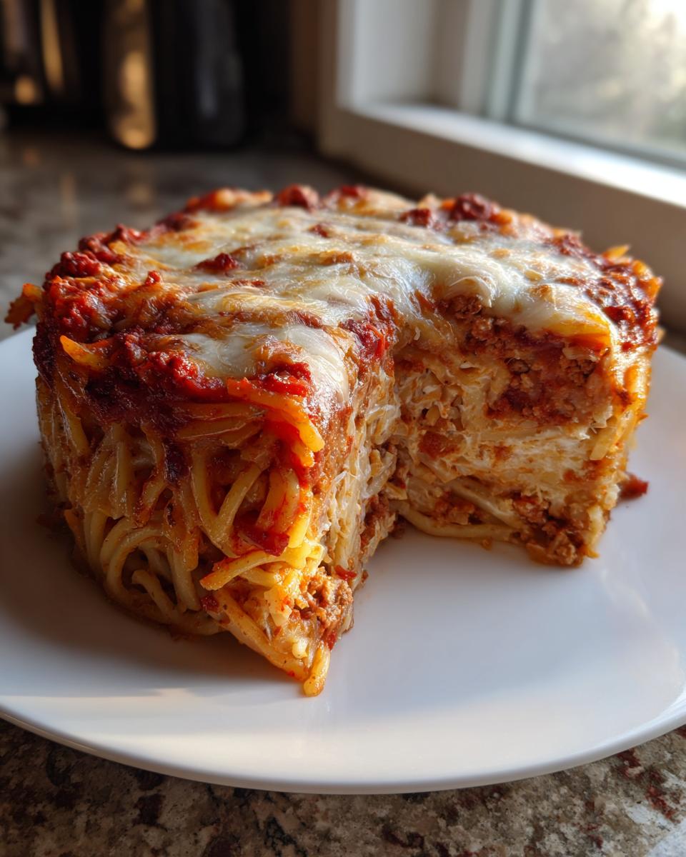 A tall, round slice of spaghetti pie with layers of pasta, meat sauce, and melted mozzarella cheese on a white plate.