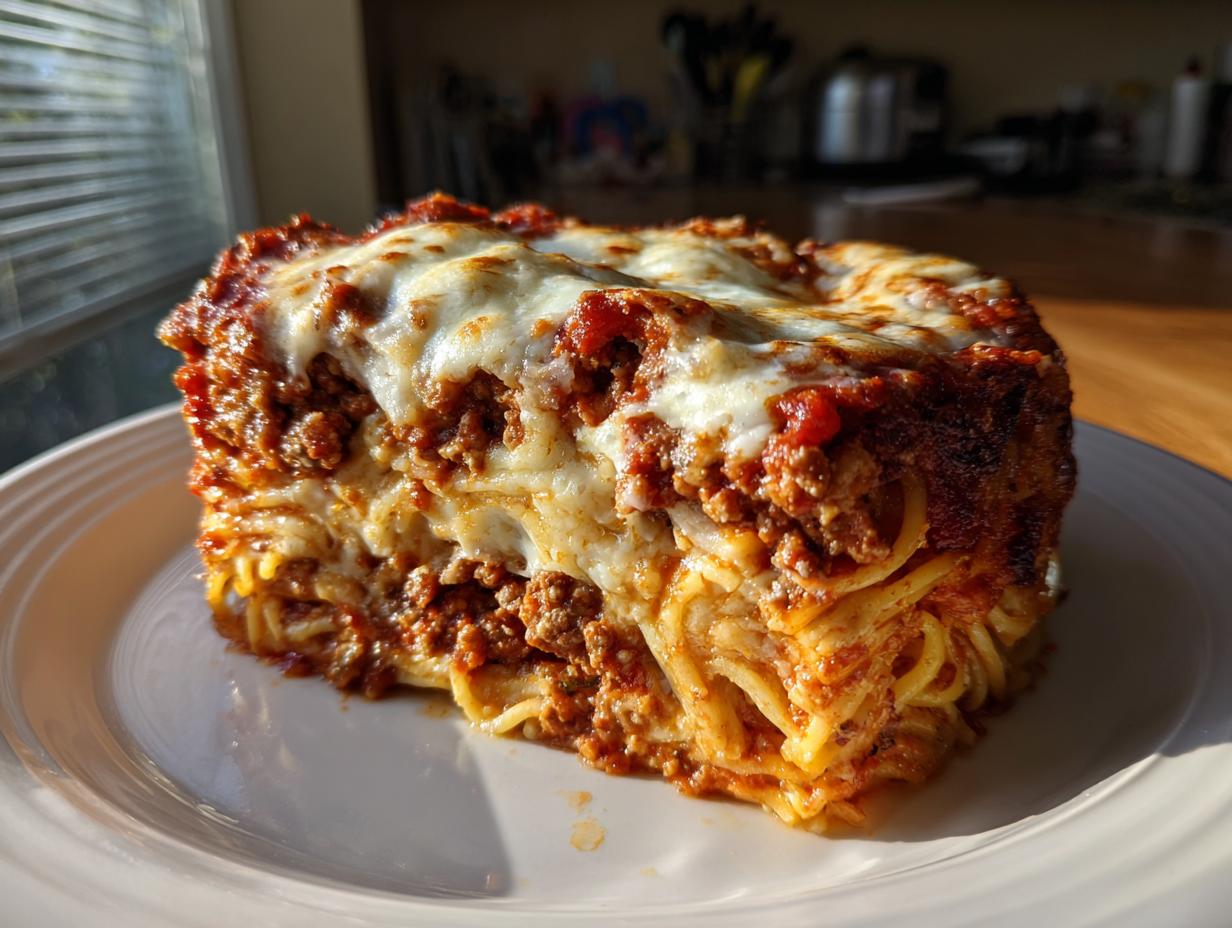 A thick, square slice of baked spaghetti pie layered with meat sauce and melted mozzarella cheese.