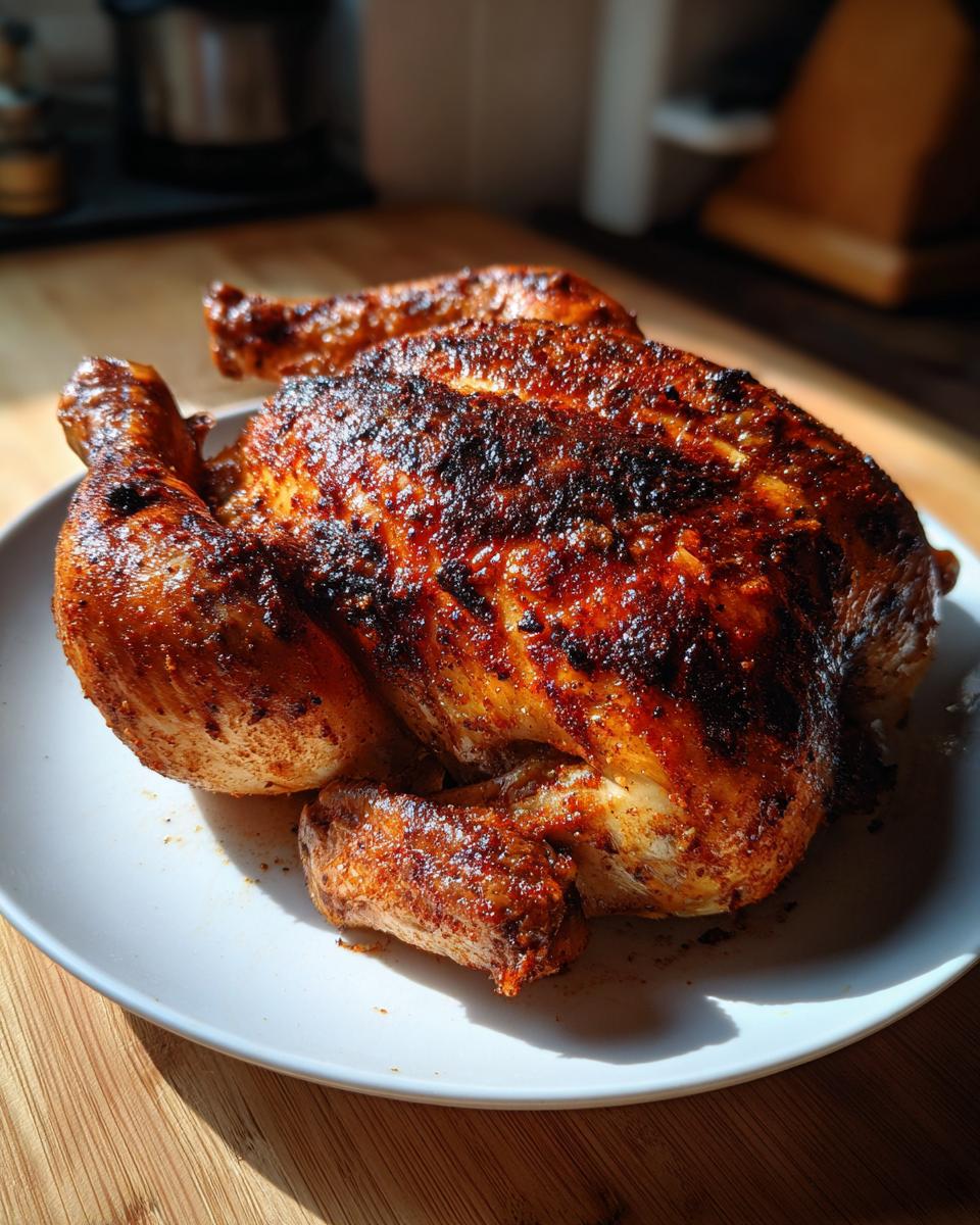 A whole, perfectly roasted spatchcock chicken with crispy, dark brown skin resting on a white plate.