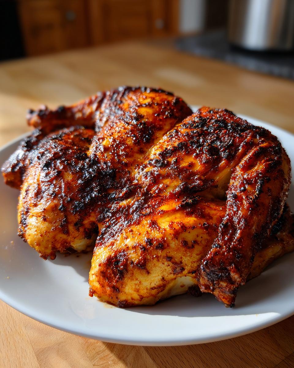 A whole, perfectly cooked spatchcock chicken with deeply browned, seasoned skin resting on a white plate.