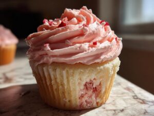 Close-up of a vanilla strawberry cupcakes with pink swirled frosting and red sprinkles, showing a bite taken out.