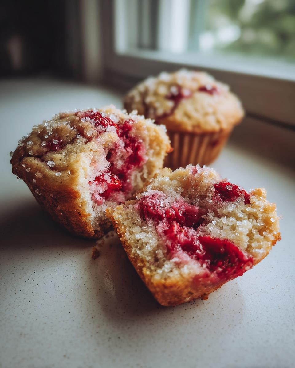A strawberry muffin broken in half showing the bright red interior, topped with coarse sugar crystals. More strawberry muffins are visible in the background.