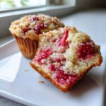 A close-up view of an amazing strawberry muffins cut in half, showing moist interior and bright red fruit pieces.