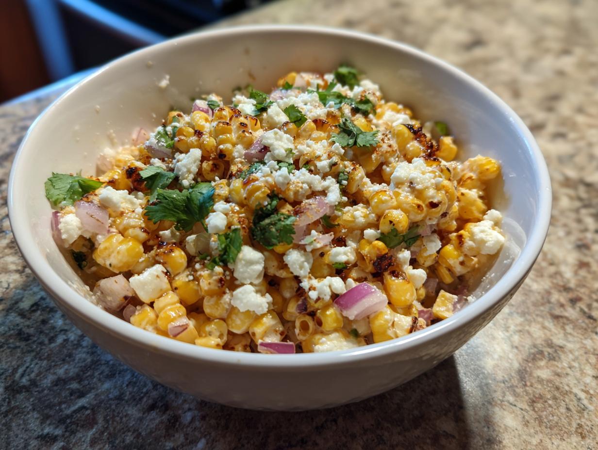 A close-up of a white bowl filled with vibrant street corn salad, featuring charred corn, cotija cheese, red onion, and cilantro.