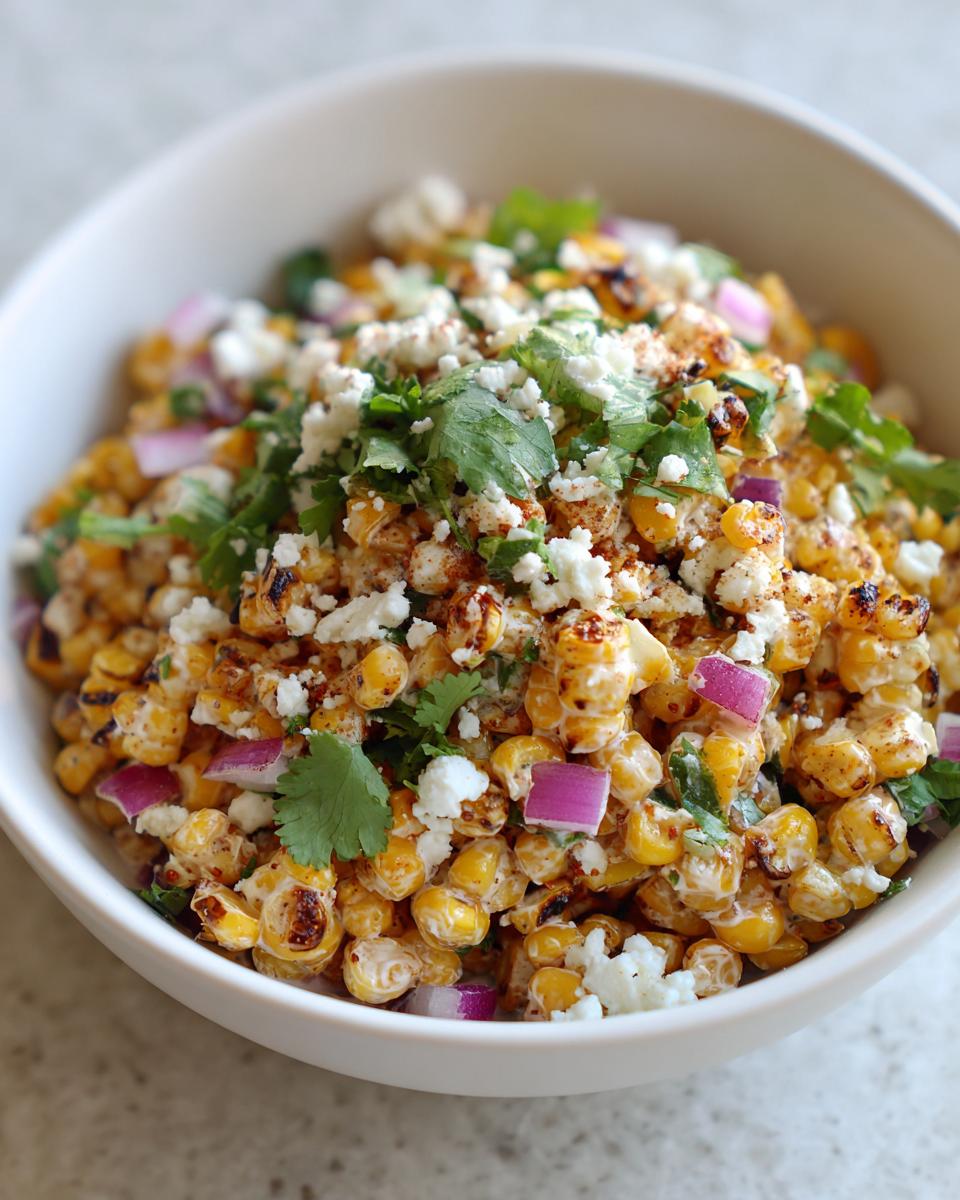 Close-up of a white bowl filled with vibrant street corn salad featuring charred corn, cotija cheese, red onion, and cilantro.