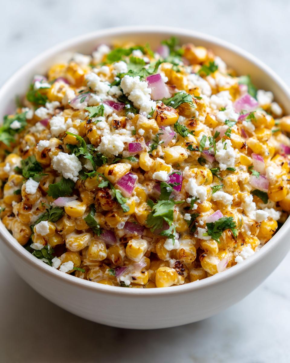 A close-up of amazing street corn salad featuring charred corn, crumbled white cheese, diced red onion, and cilantro in a white bowl.