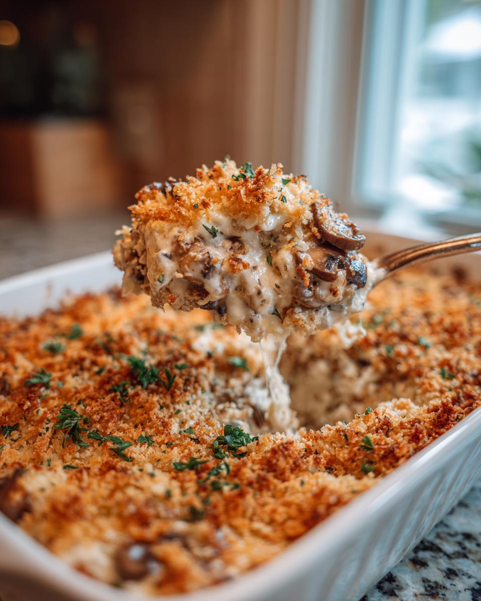 A spoonful of creamy, cheesy stuffed mushroom dip being lifted from a white baking dish topped with golden breadcrumbs.