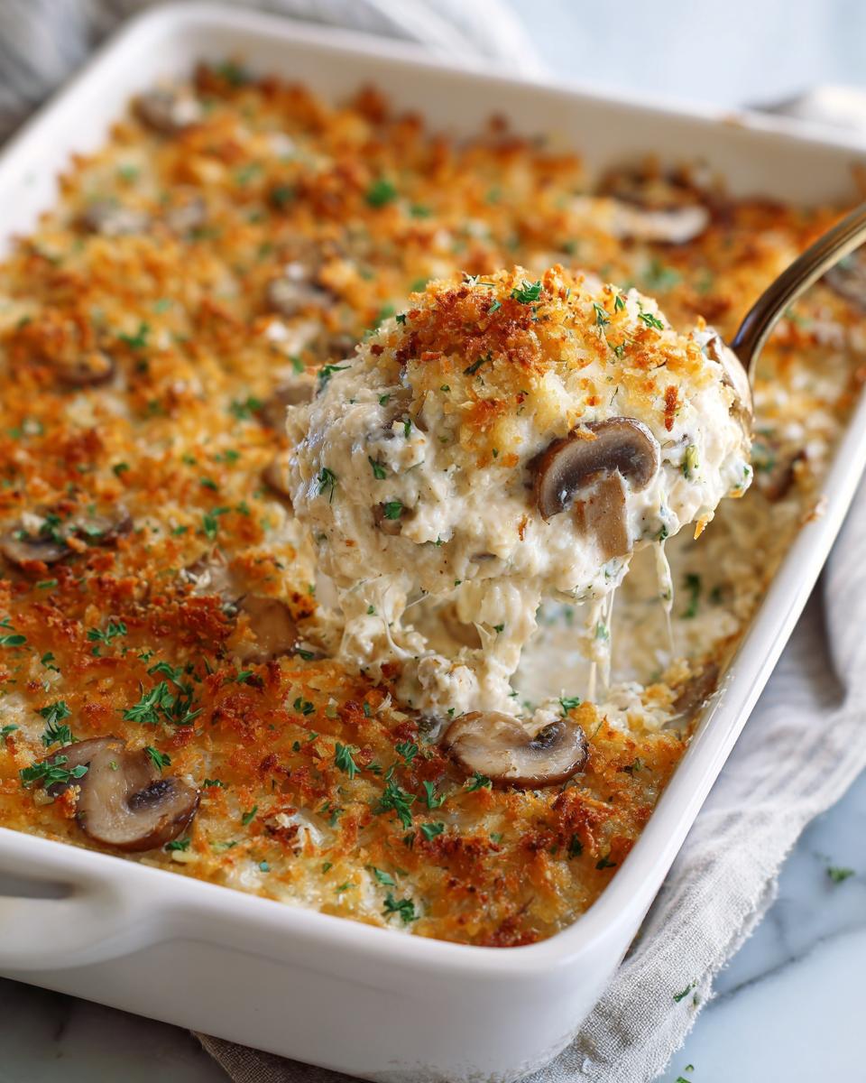 A golden brown scoop of cheesy stuffed mushroom dip being lifted from a white baking dish.