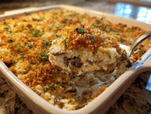 A spoonful of creamy, baked stuffed mushroom dip with a golden brown breadcrumb topping being lifted from a casserole dish.