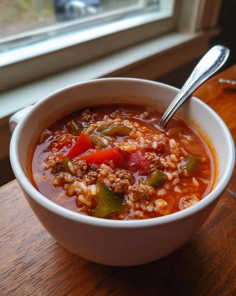 Close-up of a white bowl filled with rich, tomato-based stuffed pepper soup containing ground beef, rice, and chunks of red and green peppers.