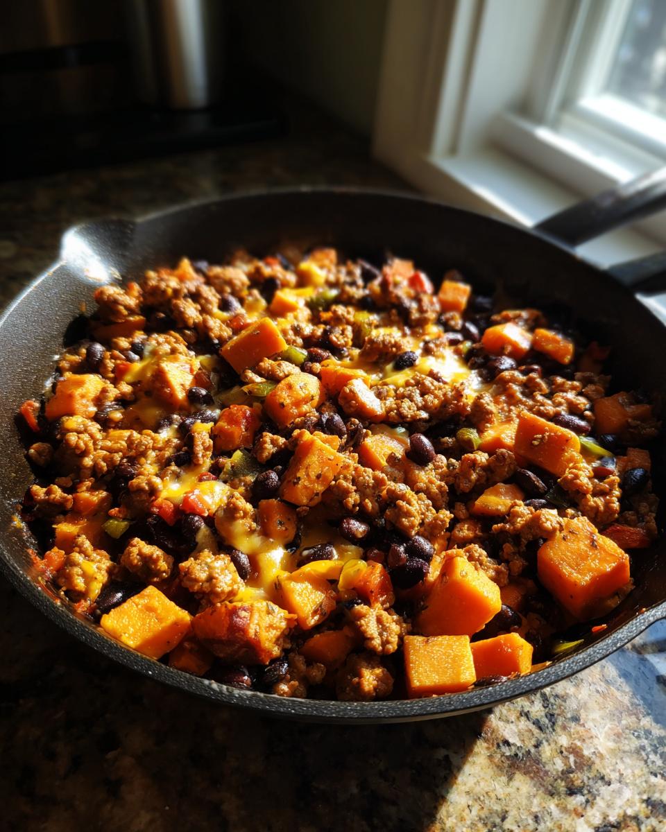 Close-up of a savory sweet potato skillet featuring ground meat, black beans, and melted cheese.