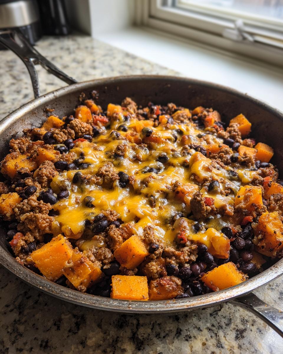 Close-up of a savory sweet potato skillet with ground meat, black beans, and melted cheddar cheese topping.