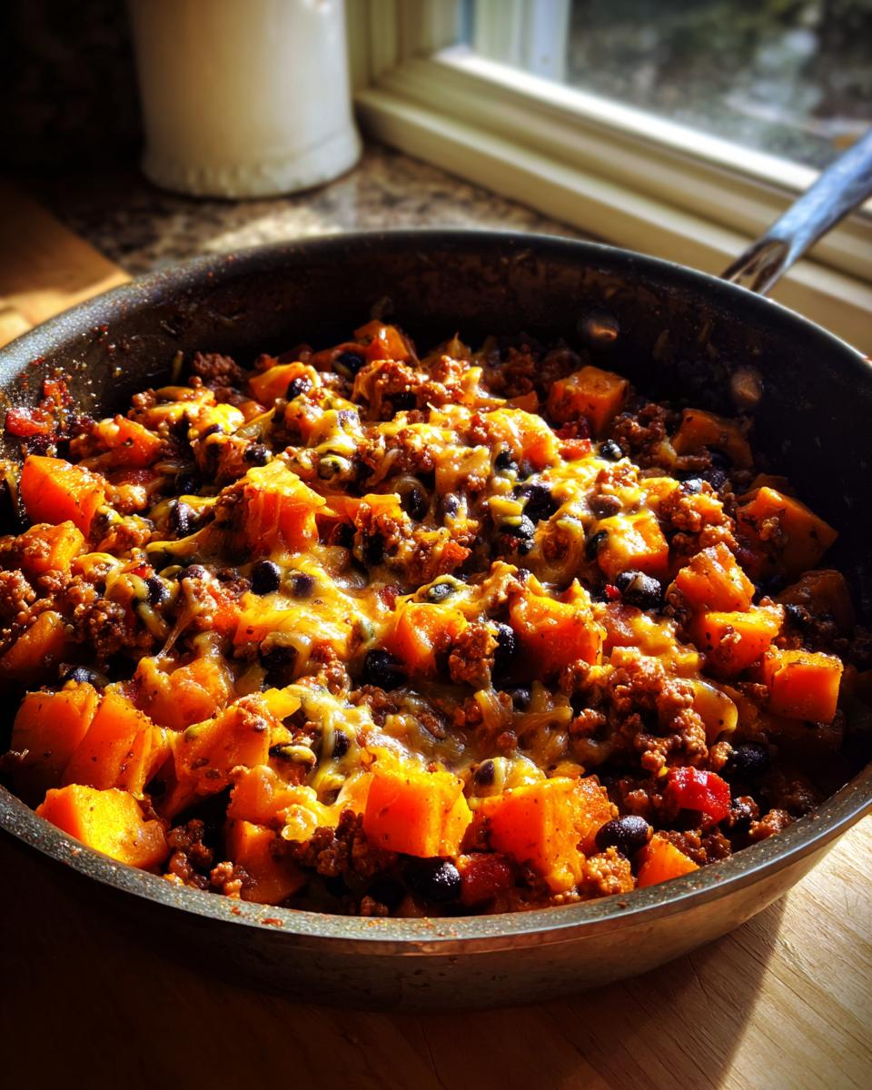 Close-up of a savory sweet potato skillet featuring cubed sweet potatoes, ground meat, black beans, and melted cheese.