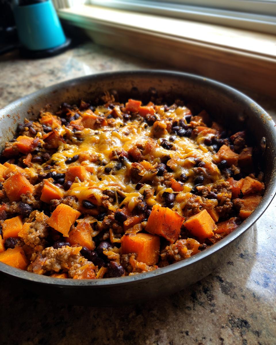 Close-up of a savory sweet potato skillet with ground meat, black beans, and melted cheddar cheese.