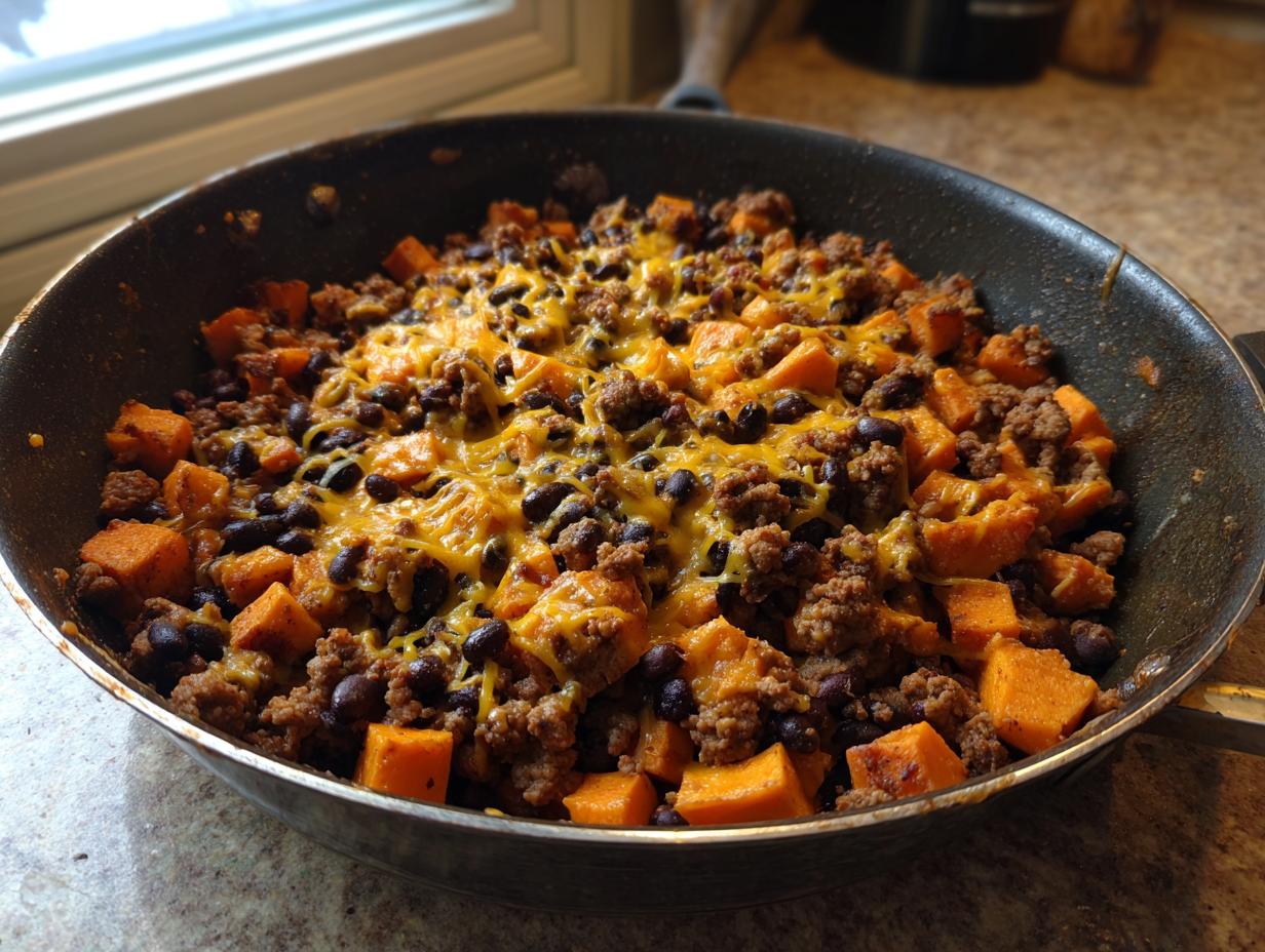 A close-up of a sweet potato skillet filled with ground meat, black beans, and melted cheddar cheese.