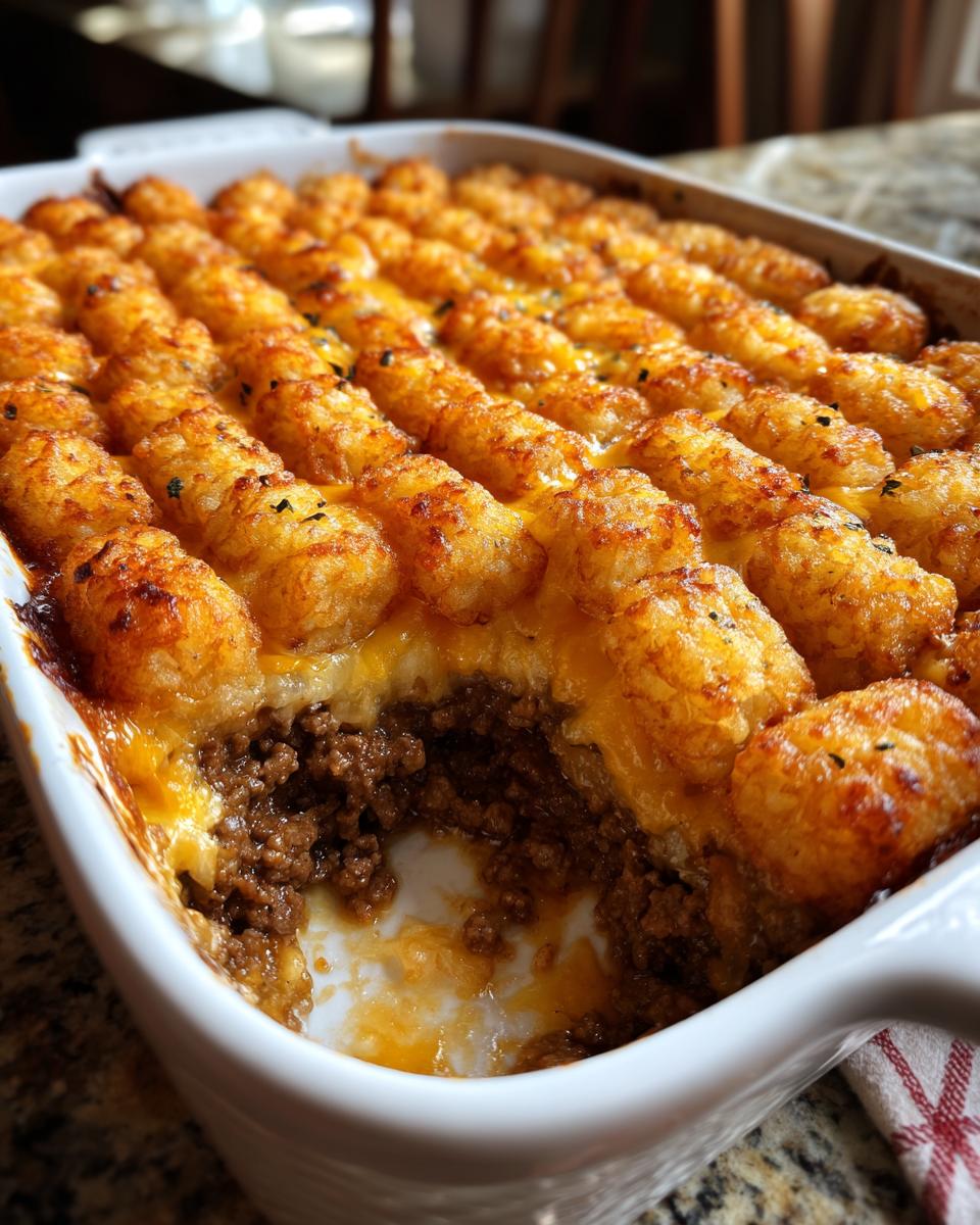 Close-up of a baked tater tot casserole with a scoop removed, showing crispy tots and cheesy ground beef filling.