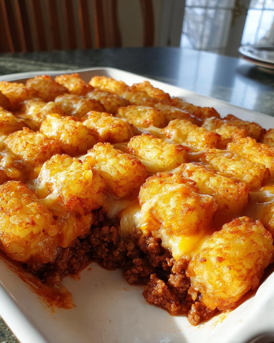 Close-up of a baked tater tot casserole showing crispy tater tots over a layer of seasoned ground beef and melted cheese.