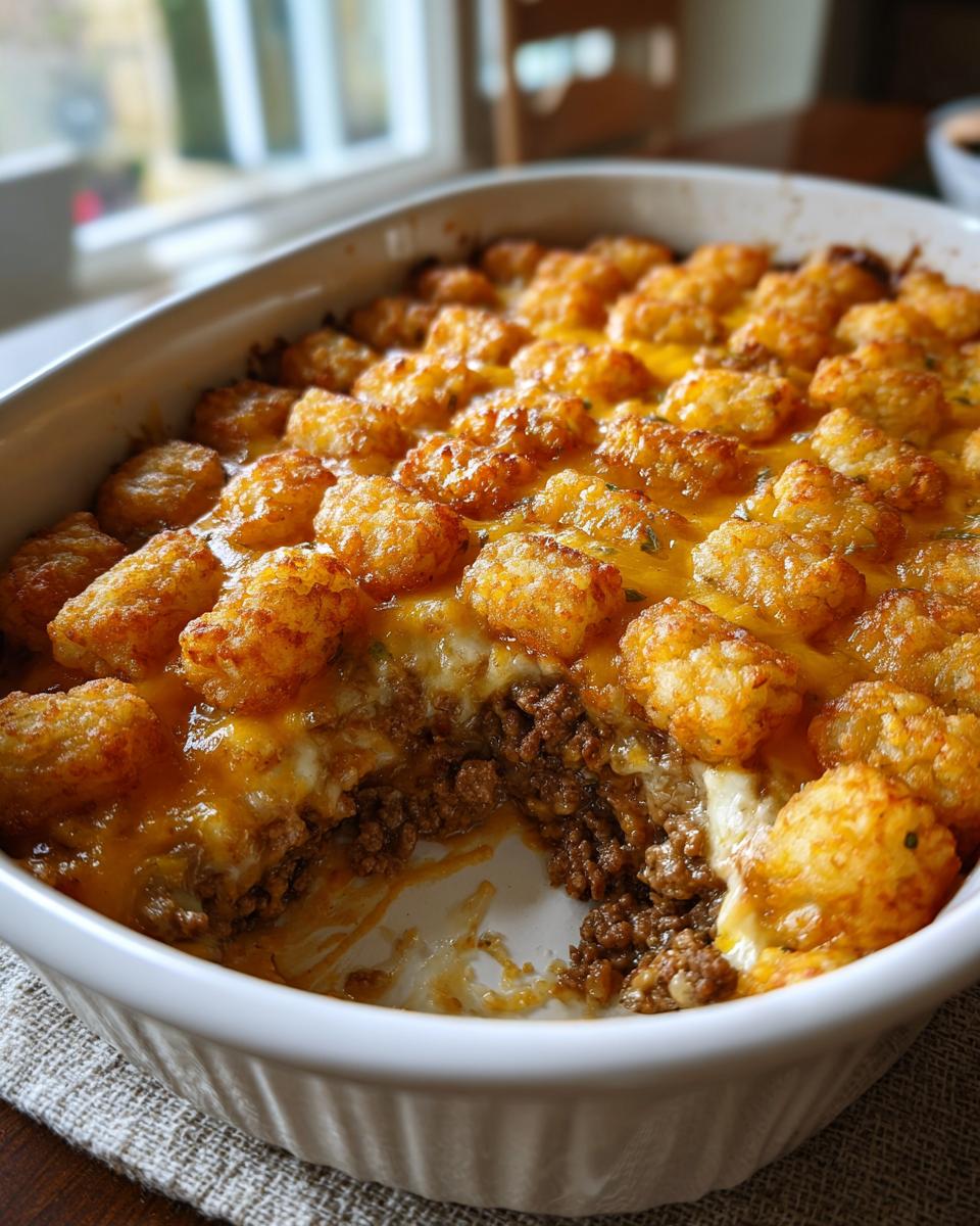 A close-up of a baked tater tot casserole in a white dish, showing a scoop removed to reveal the cheesy ground beef layer.