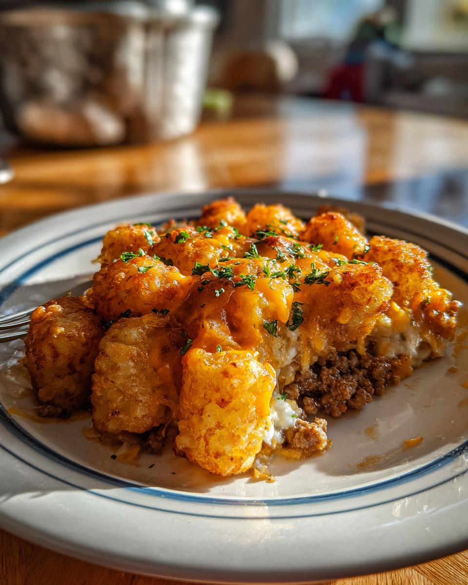 A hearty slice of amazing tater tot casserole featuring crispy tots, melted cheese, and ground beef filling.