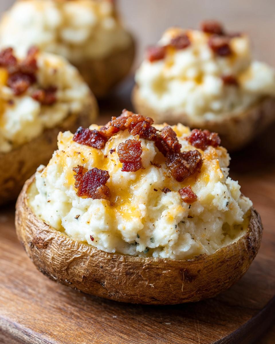 A close-up of a freshly made twice baked potato stuffed with creamy filling, melted cheese, and topped with crispy bacon bits.
