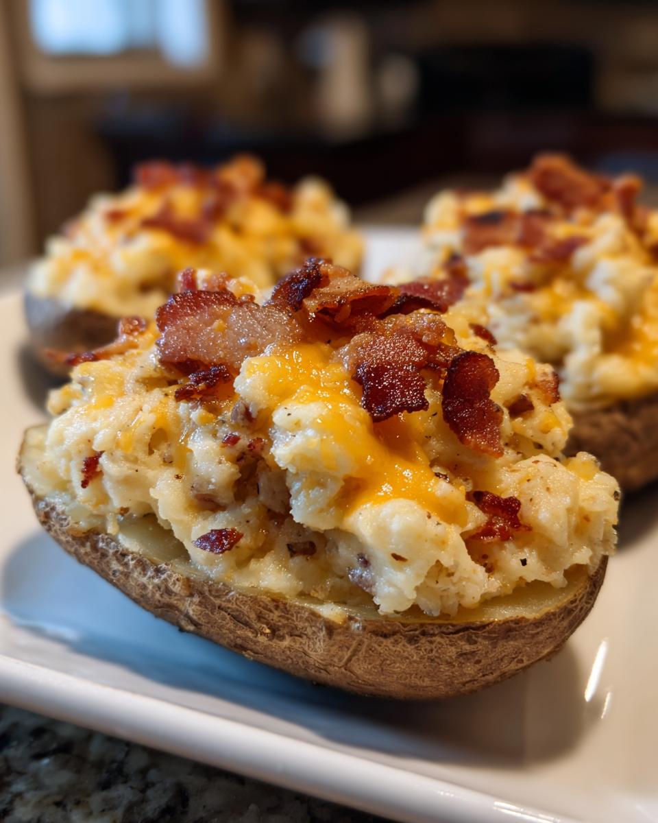 Close-up of a delicious twice baked potato stuffed with creamy filling, melted cheddar cheese, and crispy bacon bits.