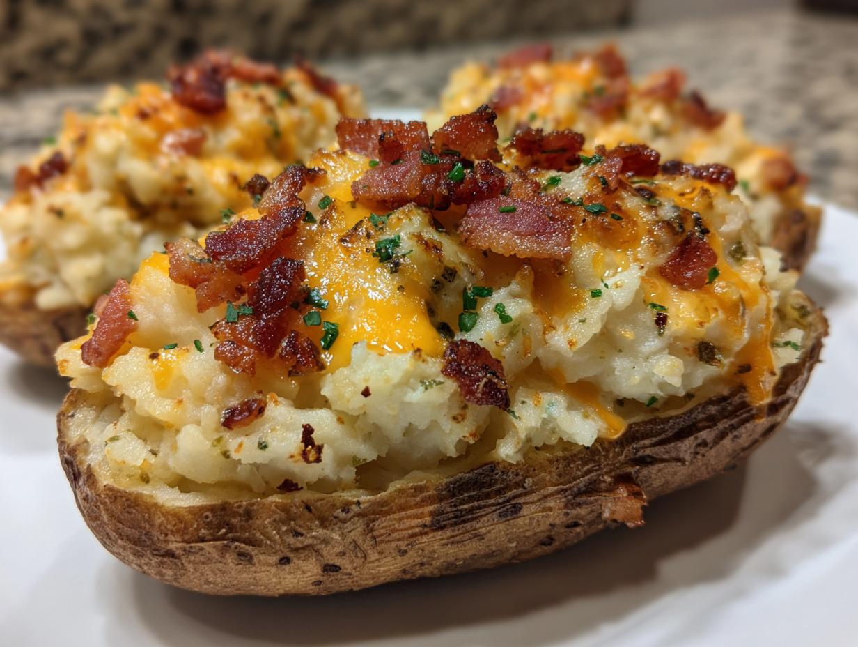 Close-up of a perfectly prepared twice baked potato loaded with creamy filling, melted cheddar cheese, and crispy bacon bits.