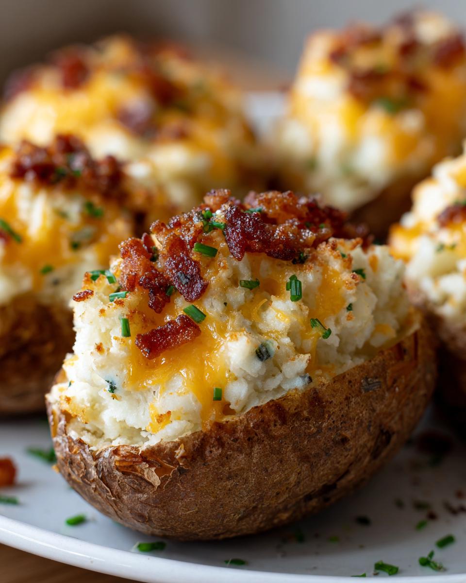 Close-up of a delicious twice baked potato stuffed with creamy filling, topped with melted cheddar and crispy bacon bits.