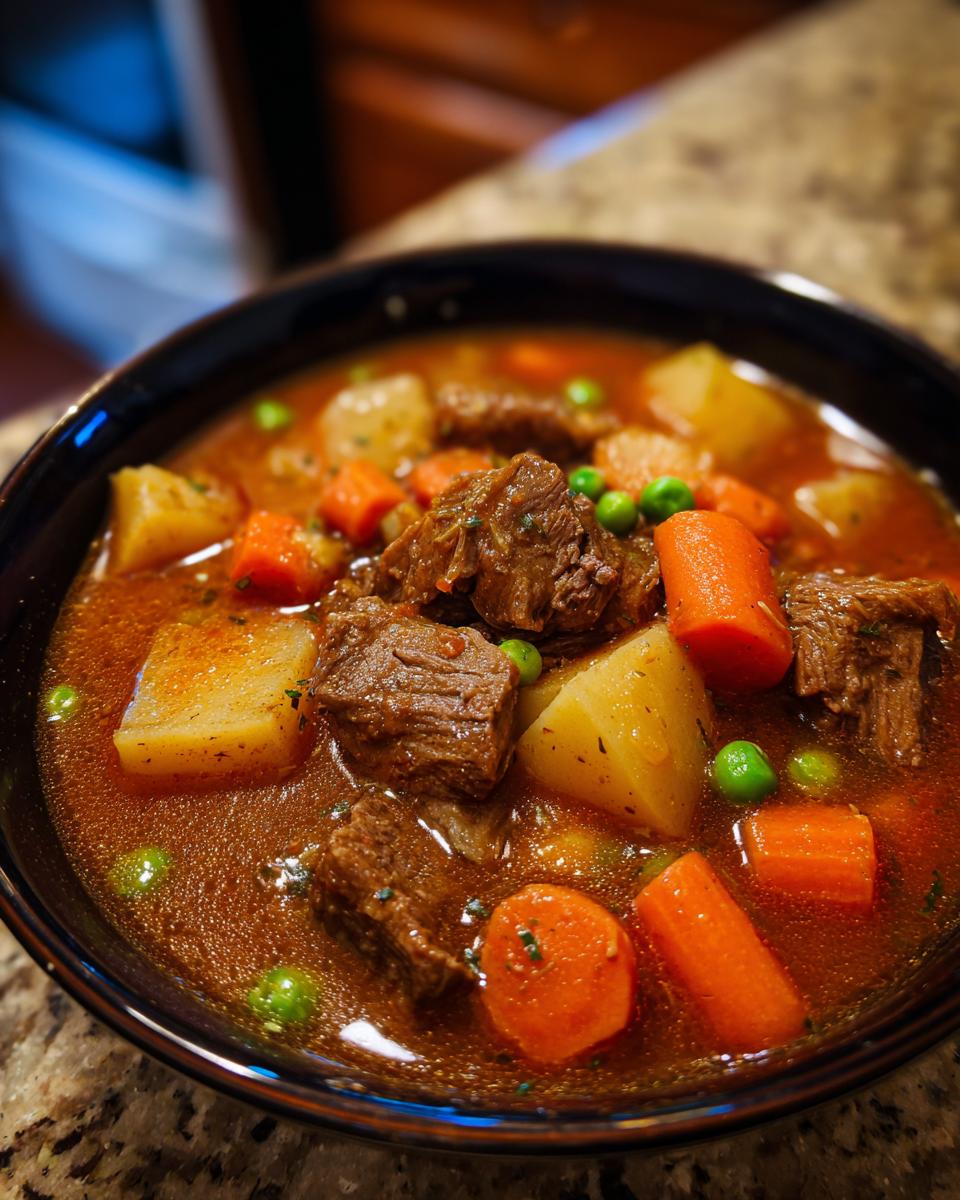 Close-up of a rich, savory vegetable beef soup featuring chunks of beef, potatoes, carrots, and peas in a dark bowl.