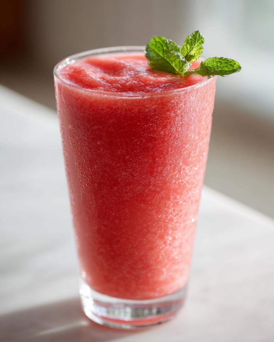 Close-up of a tall glass filled with a bright red, icy watermelon smoothie, topped with fresh mint leaves.