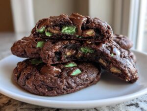 A stack of rich, dark chocolate Andes Mint cookies, one broken open to show the gooey center and green mint pieces.