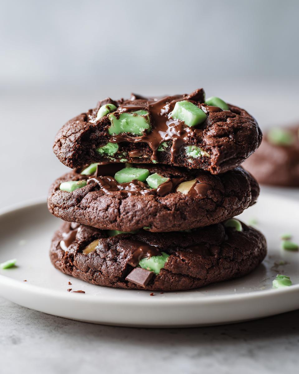 Close-up of a stack of three rich, dark chocolate Andes Mint Cookies, with the top cookie broken open showing gooey mint filling.