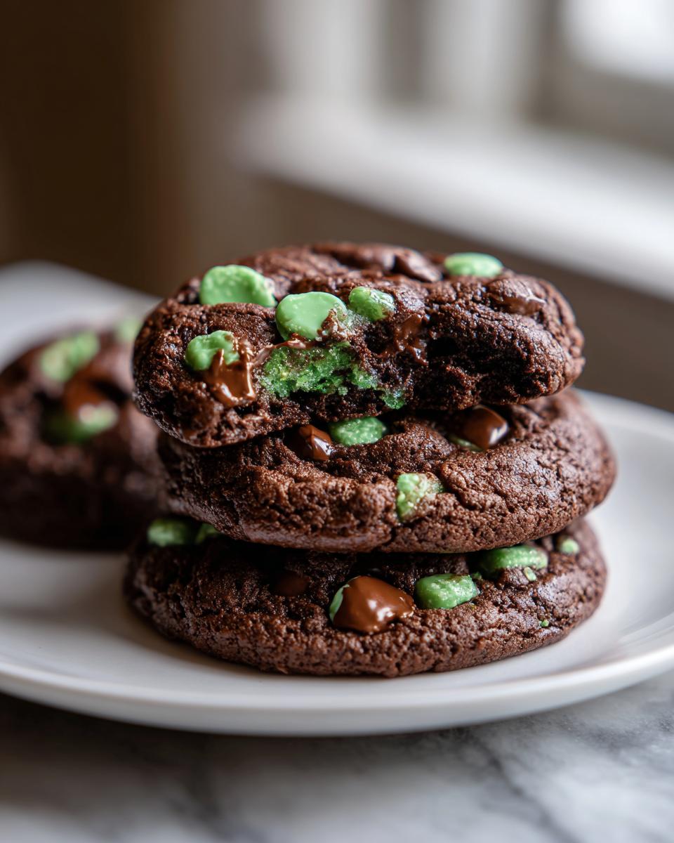 Stack of three rich, dark chocolate Andes Mint Cookies, one broken open showing a gooey green mint center.