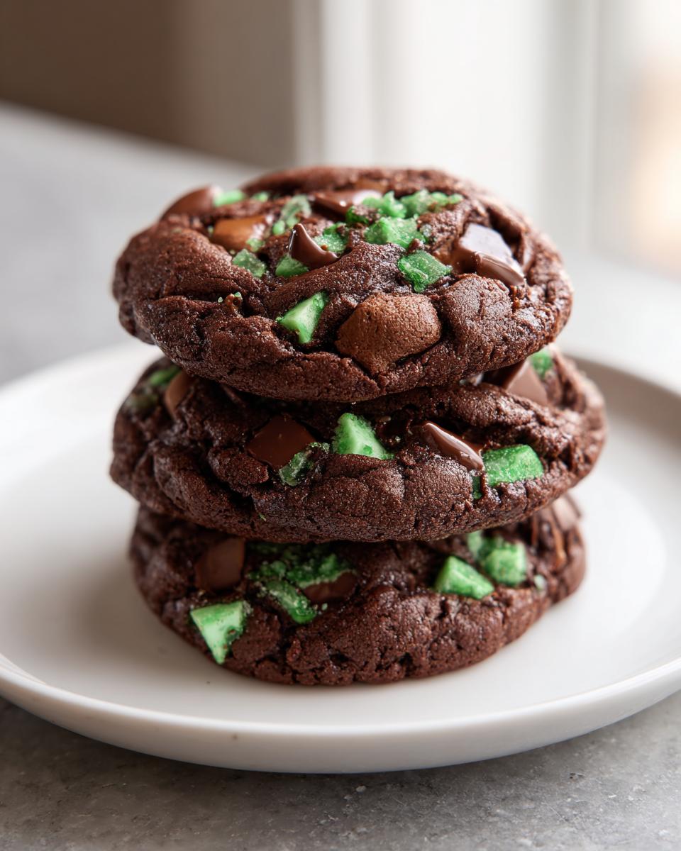 A stack of three rich, dark chocolate Andes Mint Cookies topped with mint pieces.