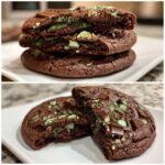 Close-up of rich, fudgy Andes mint cookies stacked and split open, showing green mint chips inside.