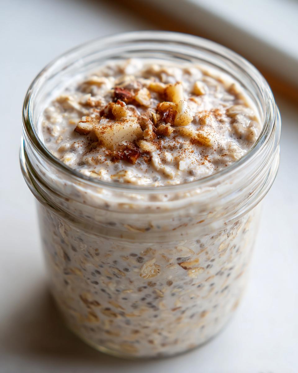 Close-up of apple cinnamon overnight oats in a glass jar, topped with chopped nuts and cinnamon.