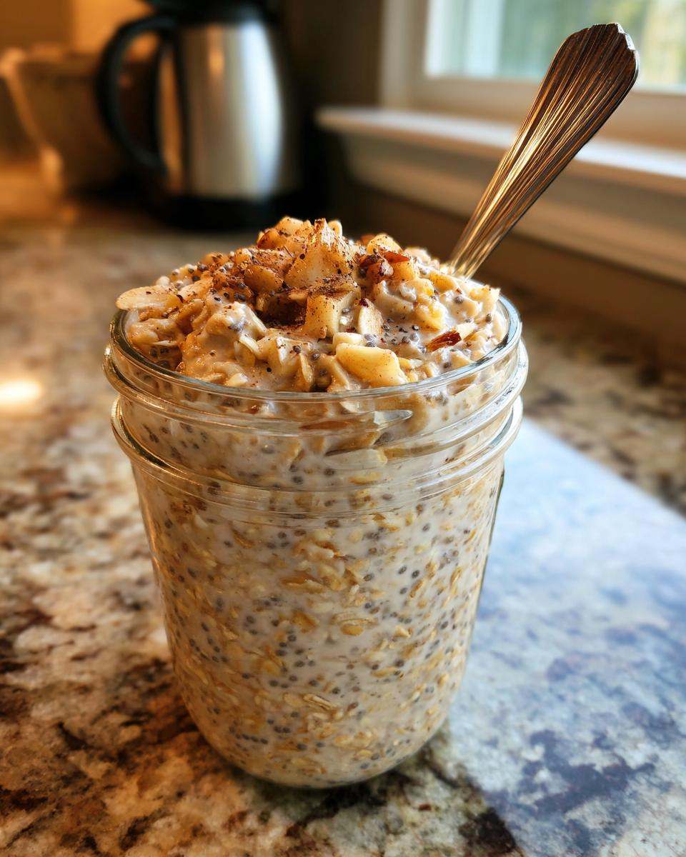 A glass jar filled with creamy apple cinnamon overnight oats, topped with diced apples and cinnamon.