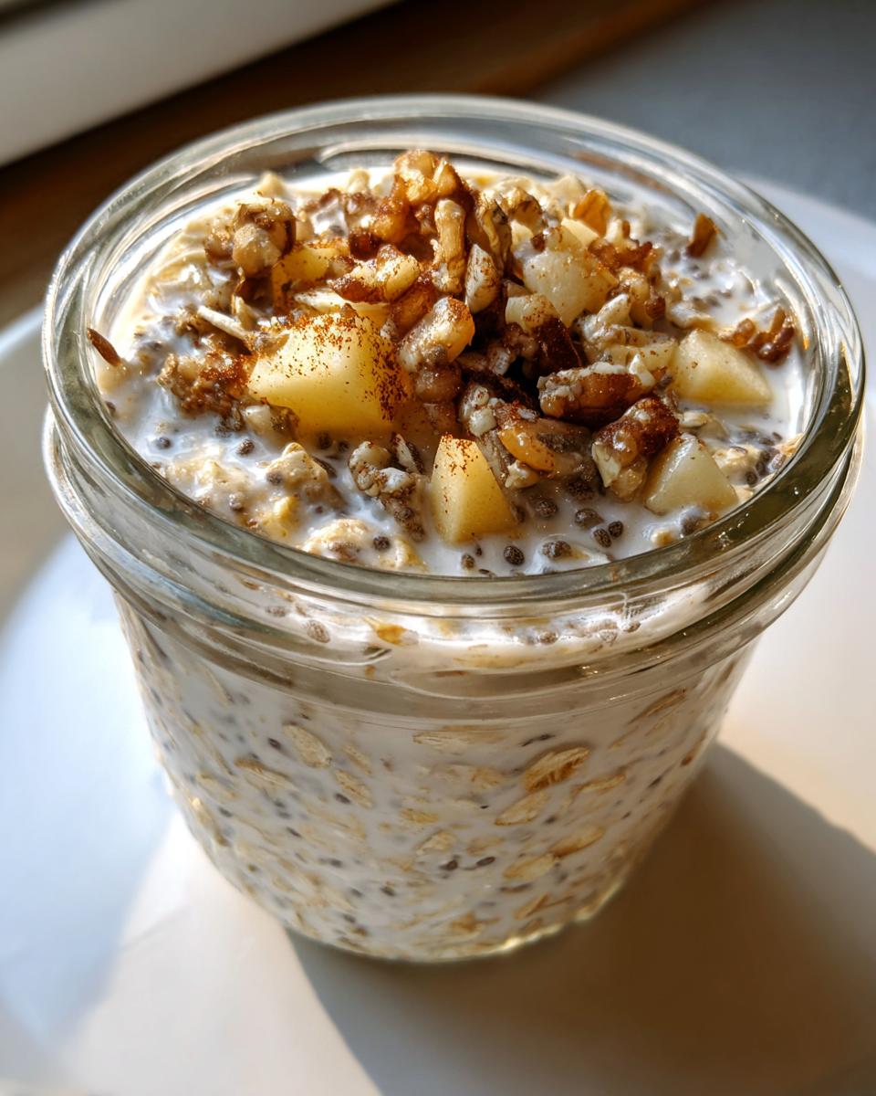Close-up of apple cinnamon overnight oats in a glass jar, topped with diced apples, walnuts, and cinnamon.